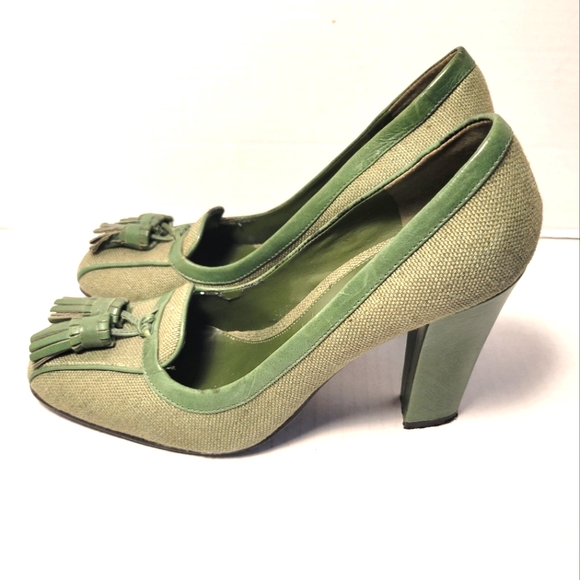 ENZO ANGIOLINI Elalange2 Green Tweed Leather Tassel Pumps